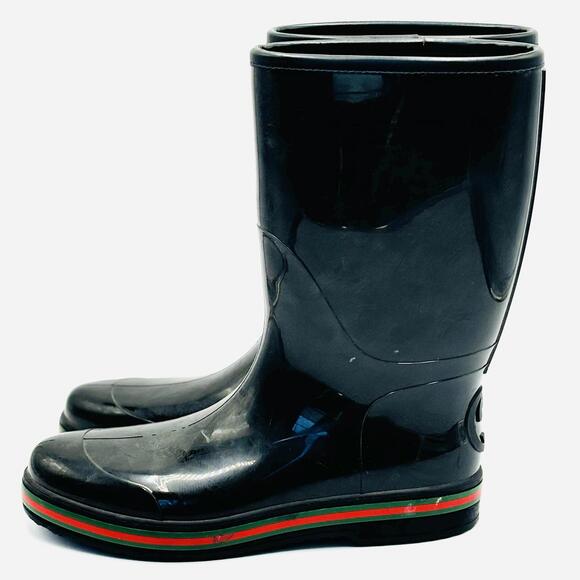 Gucci Web Accent Black Rubber Boots Men - Picture 2 of 13